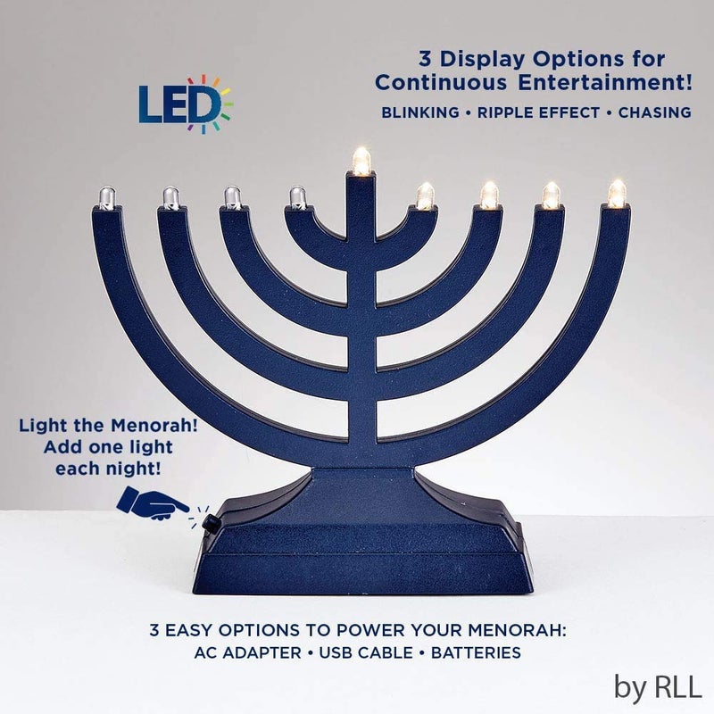 Rite Lite Go Menorah Mini Metallic Electric Menorah - LED Battery/USB Powered Chanukah Menorah Jewish Holiday - Office Car Home Decorations Judaica Hanukkah Gifts, Push Button Multi Light - Blue - Image 2